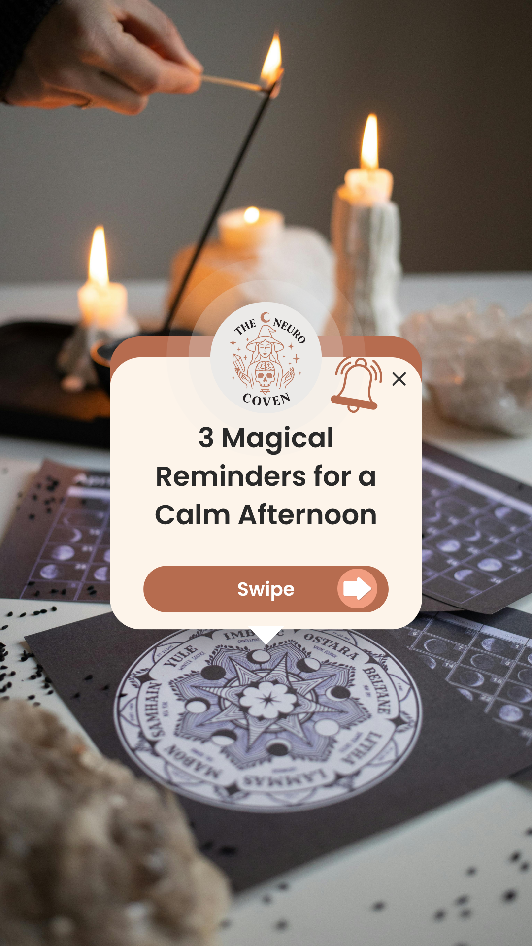 A soft, beige-toned carousel featuring 3 magical reminders for a calm afternoon, styled with witchy icons, candles, and handwritten spell aesthetics. Each slide includes poetic affirmations and calming language, designed for neurodivergent witches.