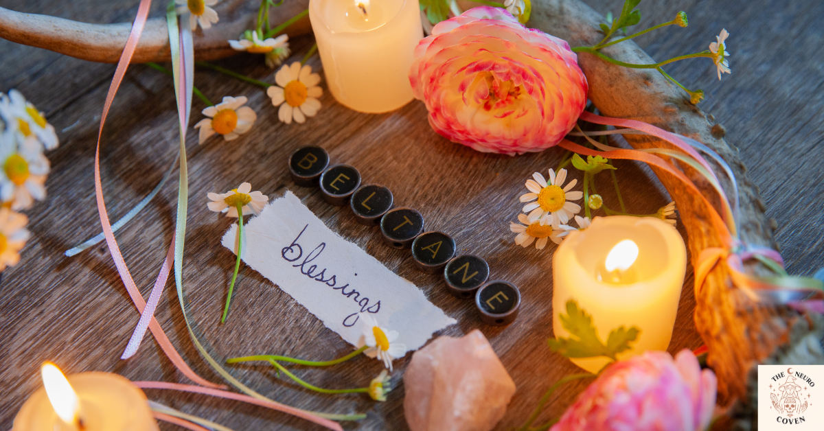 Compact travel altar with candles, crystals, and tarot deck.