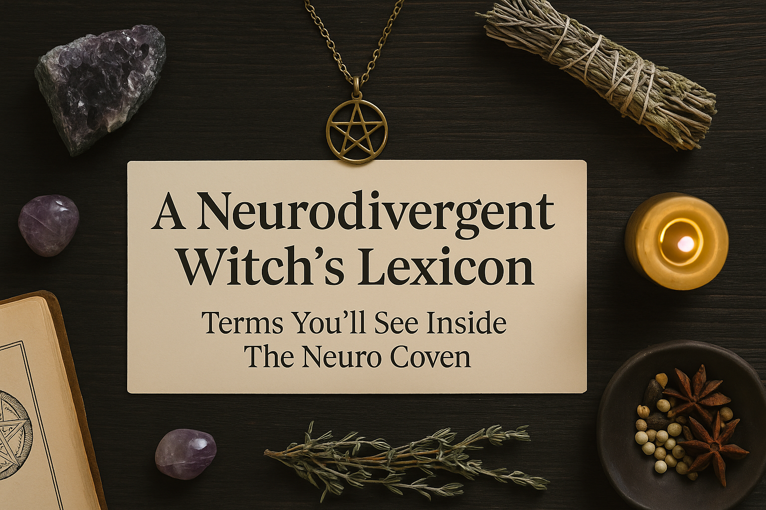 A flat lay featuring a beige card that reads â€œA Neurodivergent Witchâ€™s Lexicon â€“ Terms Youâ€™ll See Inside The Neuro Coven,â€ surrounded by amethyst crystals, a brass pentacle necklace, dried herbs, a candle, and a tarot book â€” evoking a cozy, mystical atmosphere.